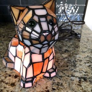 VTG Tiffany Style Stained Glass Bobble Cat Light Lamp Green Eyes Home Decor